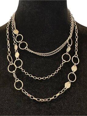 Silver Multi-Layered Chain Necklace With Circle Link Accents Adjustable